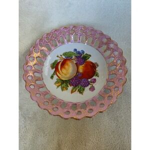 Vintage Betson Hand Painted Fruit Porcelain Bowl Pink Reticulated Gold Trim 8in